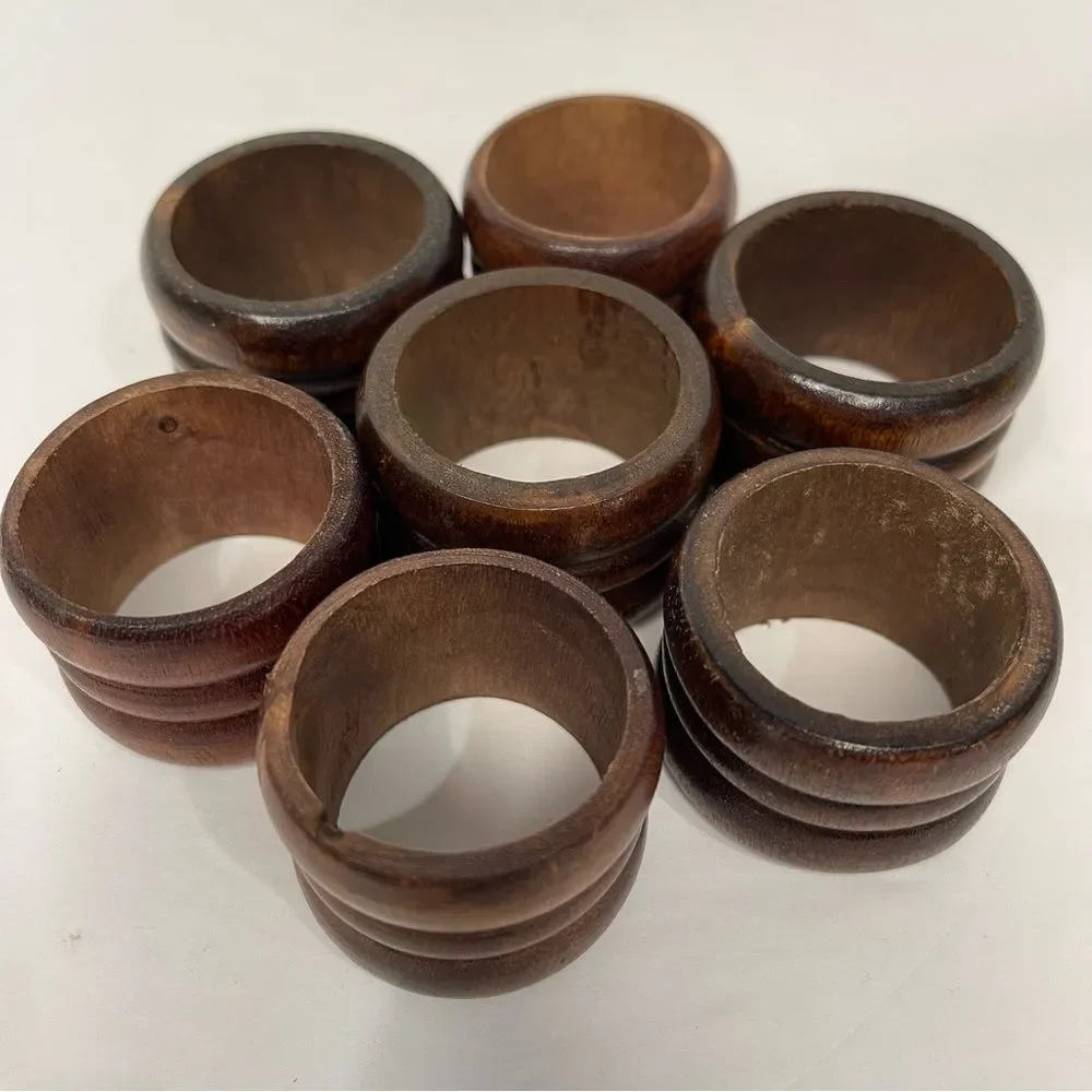 Rustic Wood Napkin Rings MCM Retro Cabin Farmhouse Casual Dark Brown Set of 7